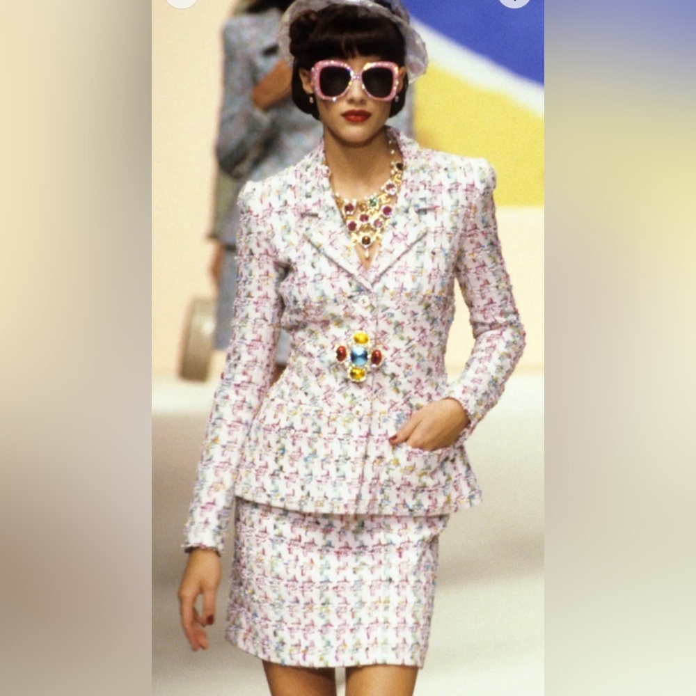 Vintage CC CHANEL tweed fantasy skirt suit in candy colors runway iconic Barbie